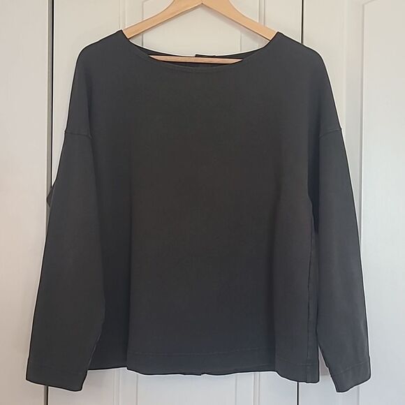Ischiko Pullover Cotton Stretch Button-Back Lagen Look Top Charcoal Gray Size M - Picture 1 of 13
